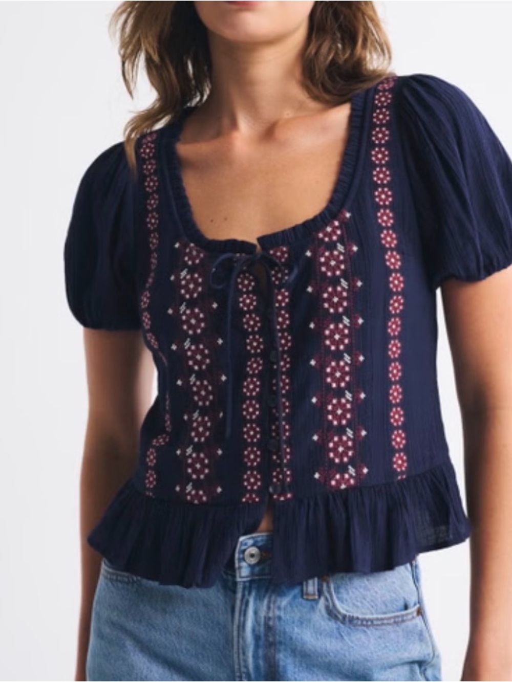 Abercrombie & Fitch Women’s Embroidered Peplum Puff Sleeve Top Navy Small S